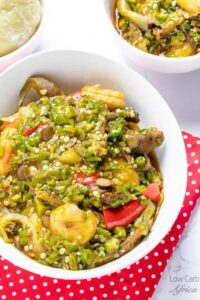 Okra soup in a white bowl